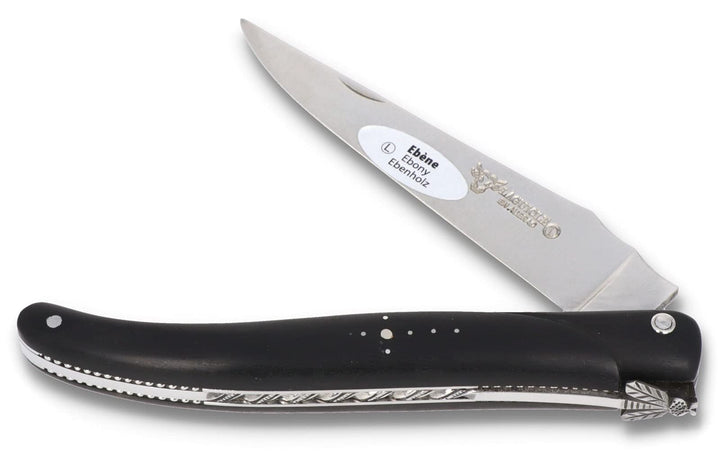 Laguiole en Aubrac Taschenmesser 'Perle' - 12 cm - Voller Griff Ebenholz - Verzierte Platinen - Stah