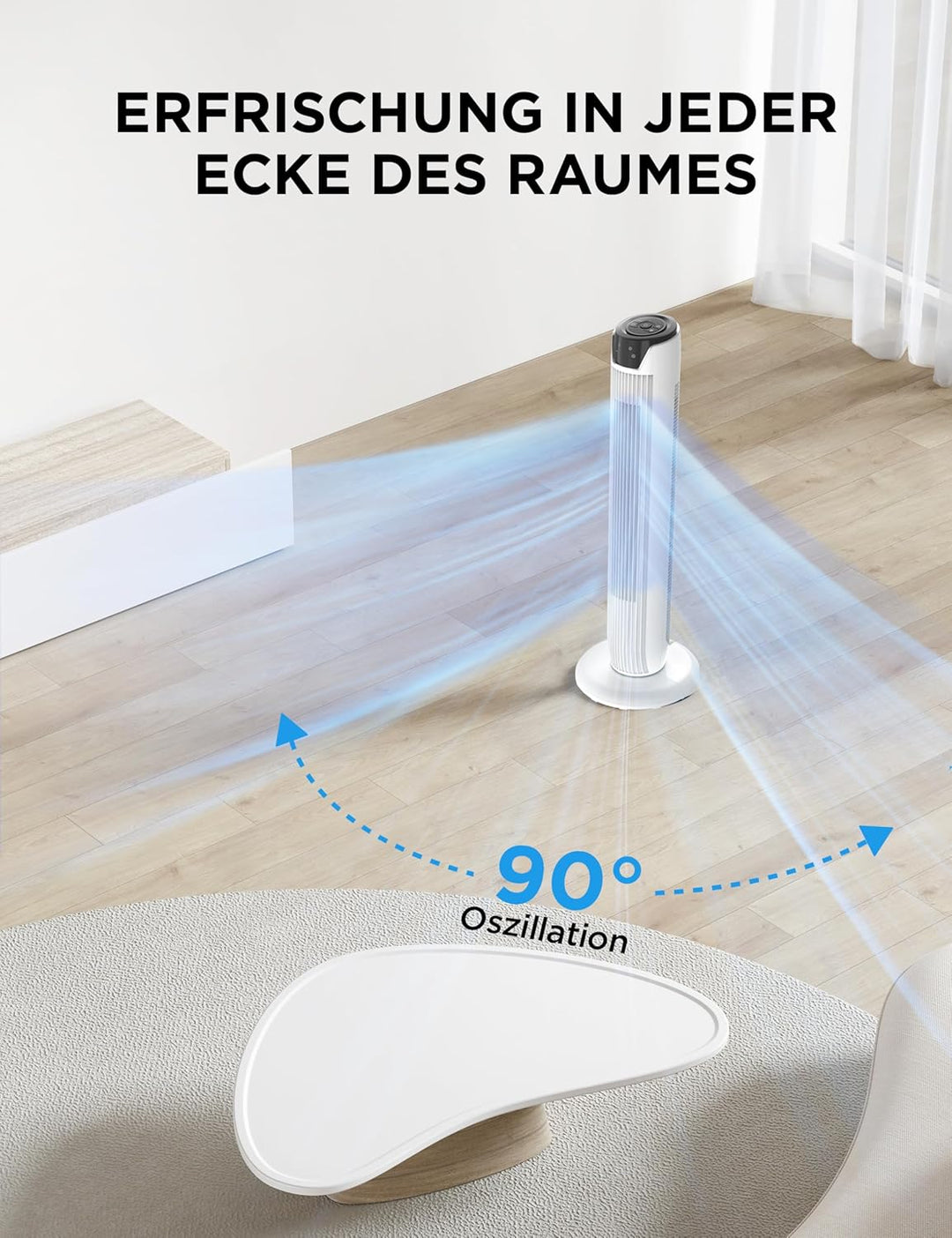 Midea FZ10-17JR(WH) Turmventilator Leise mit Fernbedienung 92CM, mobiler Lüfter,Ventilator Säulenven