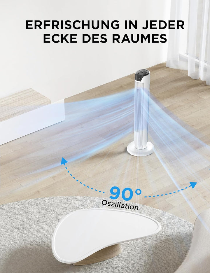 Midea FZ10-17JR(WH) Turmventilator Leise mit Fernbedienung 92CM, mobiler Lüfter,Ventilator Säulenven