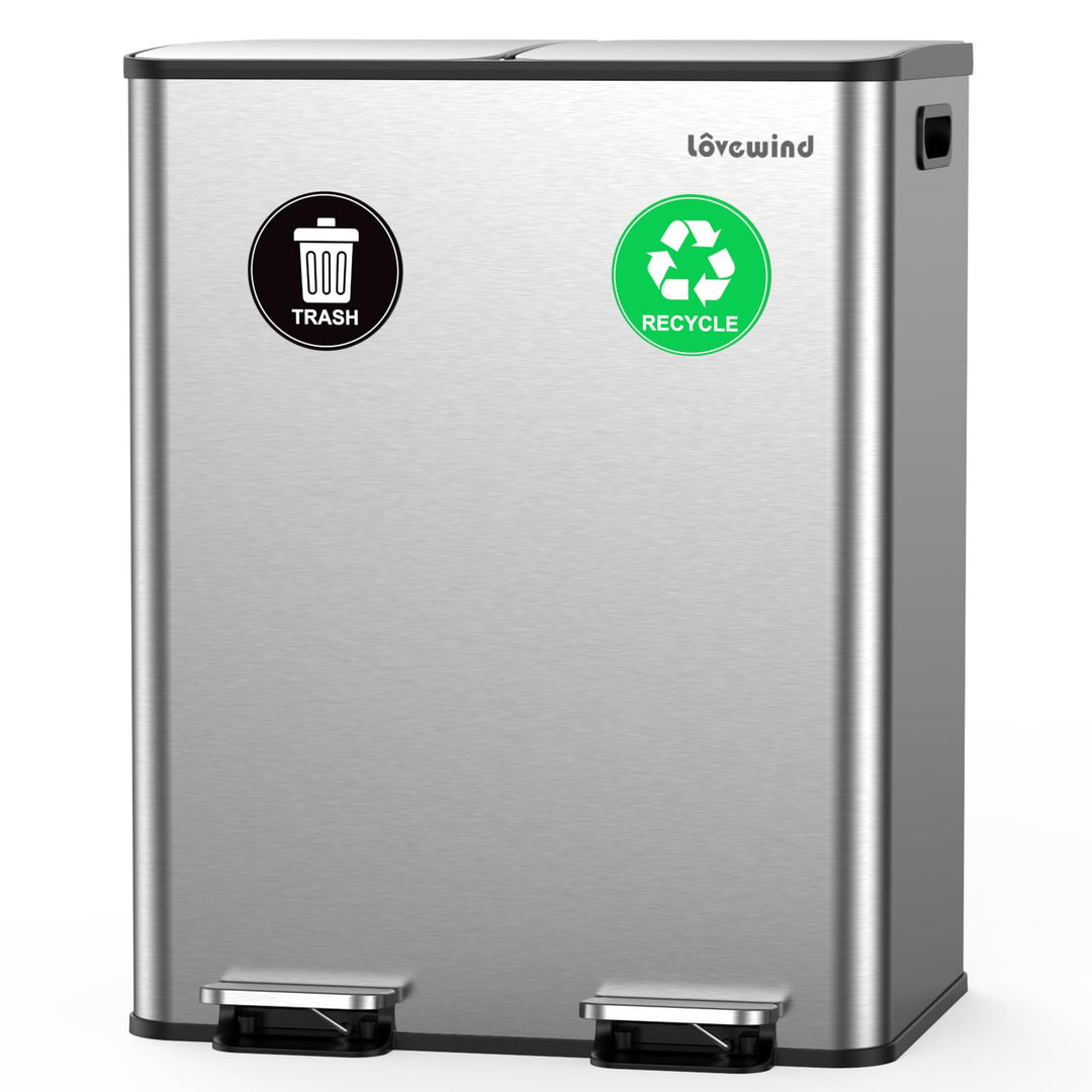 lovewind Mülleimer, 2 x 30L Mülleimer Küche, Doppeleimer für Recycling und Abfall, Silber, Mülleimer
