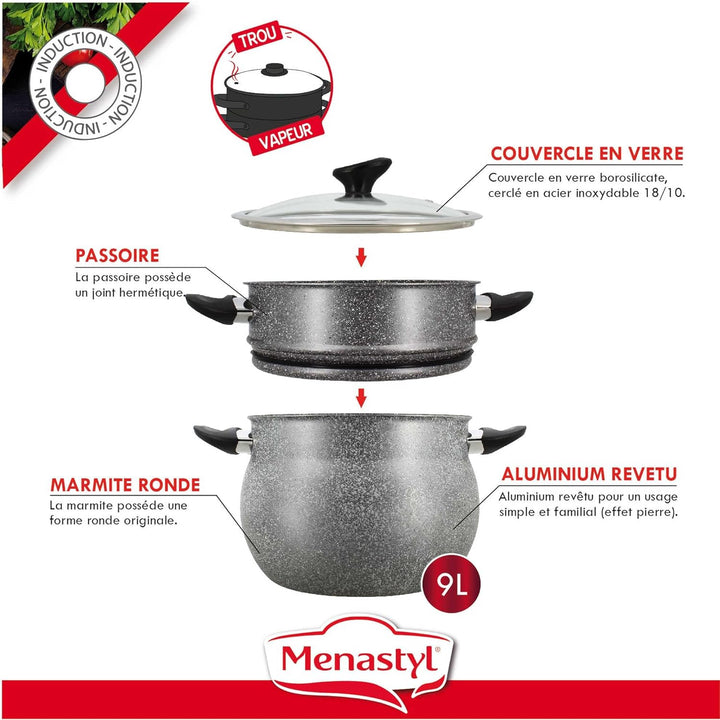 Couscoussier - MENASTYL - 6020033 - Alluminio effetto marmo - 9 litri - Adatto a tutti i piani cottu