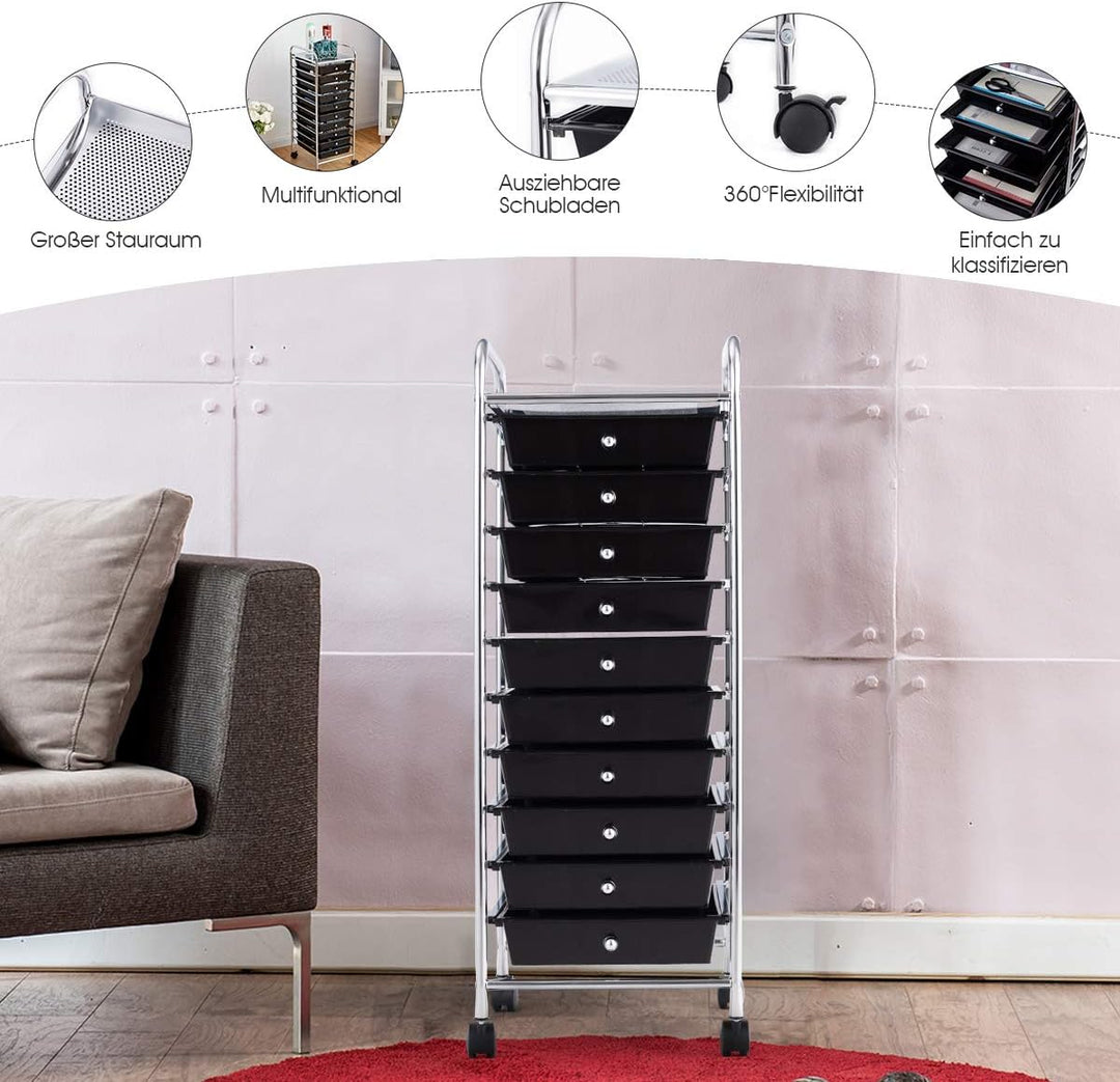 DREAMADE Rollwagen Schublade, Rollschrank Rollcontainer mit Schublade 10 Fächern, Haushaltswagen auf