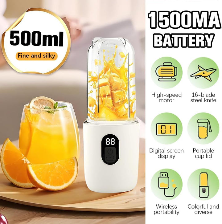Tragbarer Mixer Smoothie Maker, 500 ml Mixer Smoothie Maker to Go mit Digitalanzeige, 16-Blatt, USB