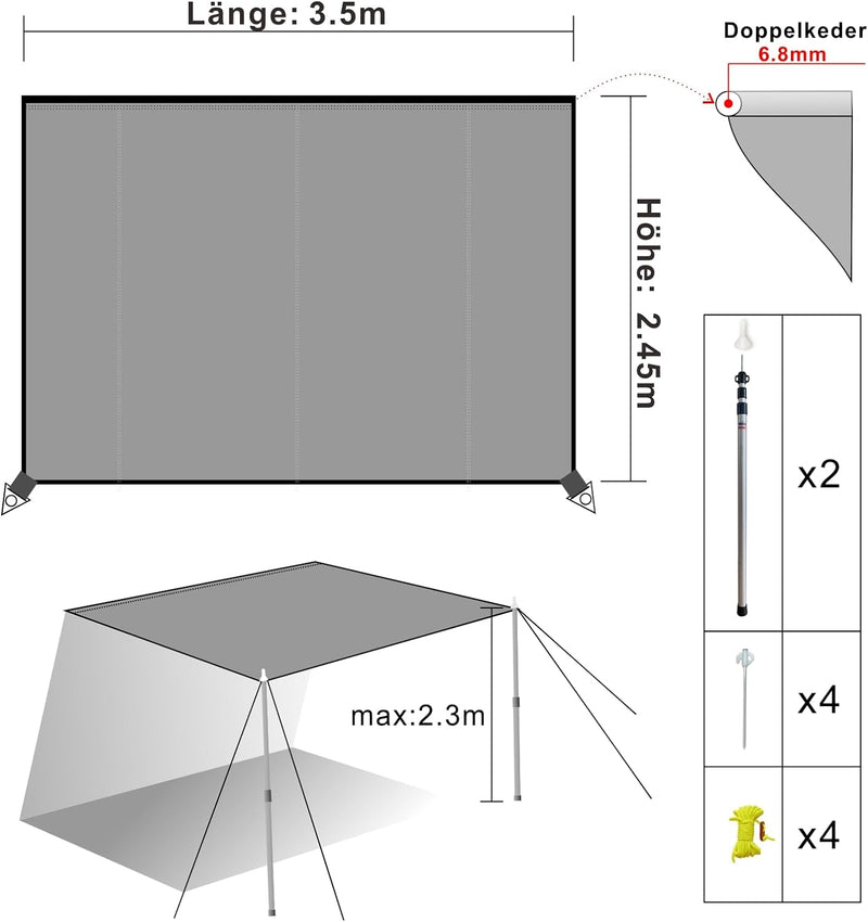 Dulepax vorzelt Wohnwagen Sonnensegel Markise mit keder，Auto Camping markisen, 3000mm Wasserdicht un