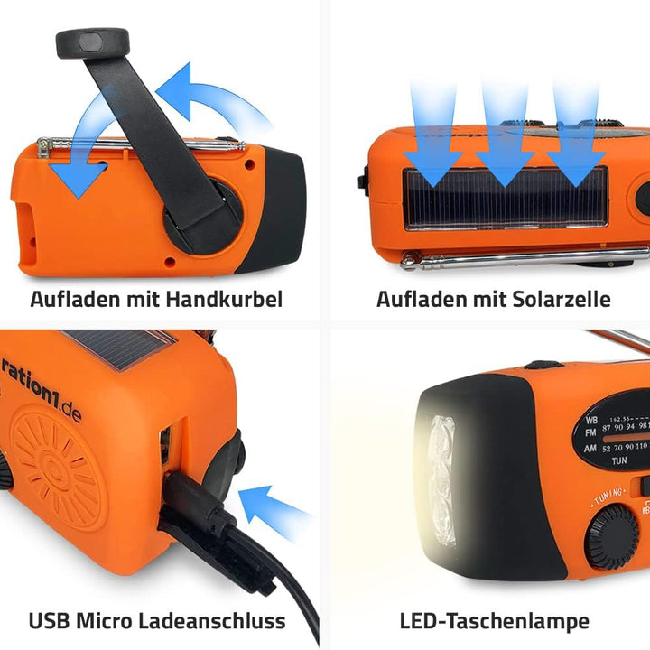 Kurbelradio, Solarradio mit Kurbel, Notfallradio mit integrierter LED-Taschenlampe, USB Anschluss, H