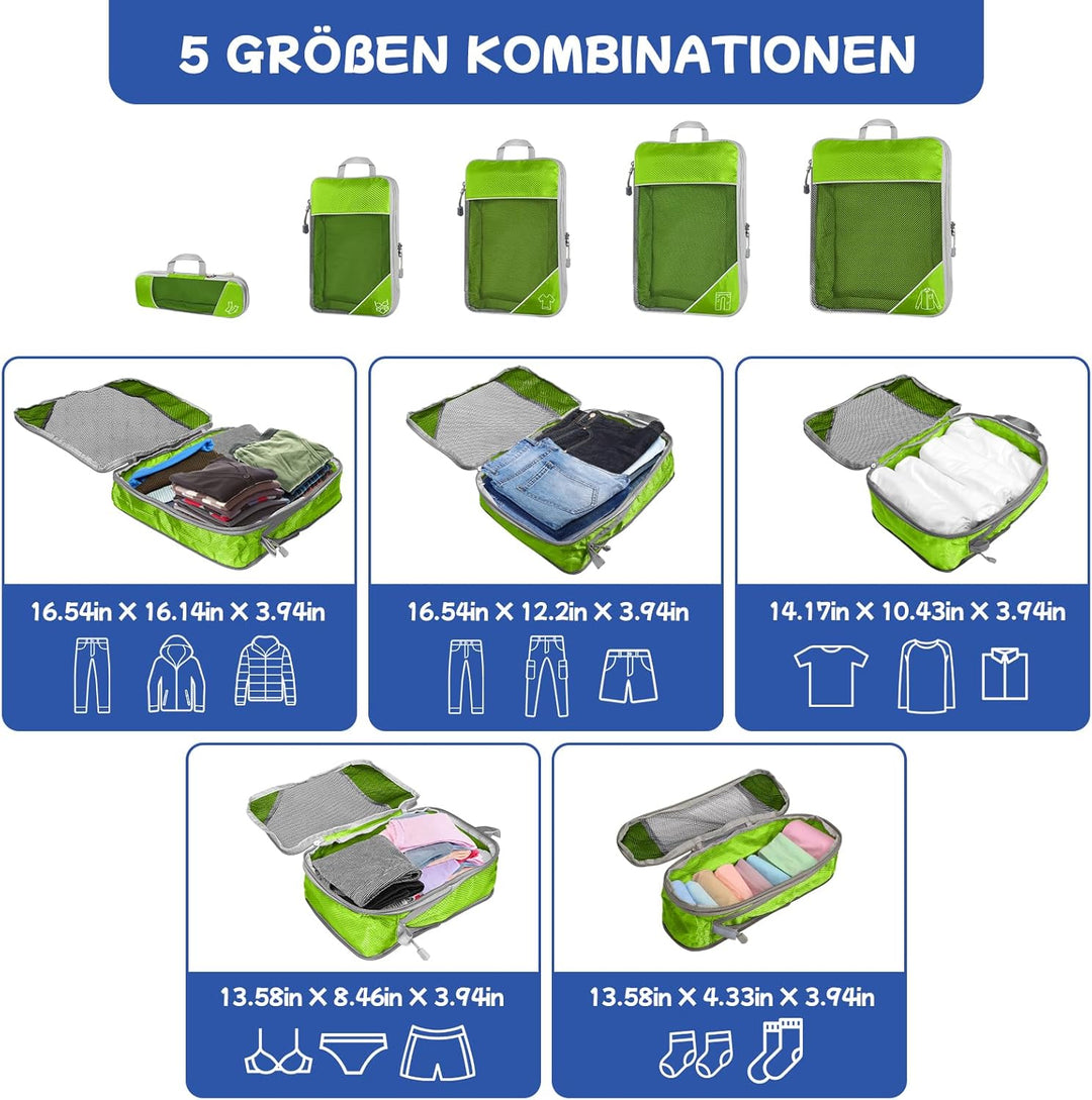 5-teilig Kompressions Packwürfel Set für Reisen, Compression Packing Cube zur Organisation Ihres Rei