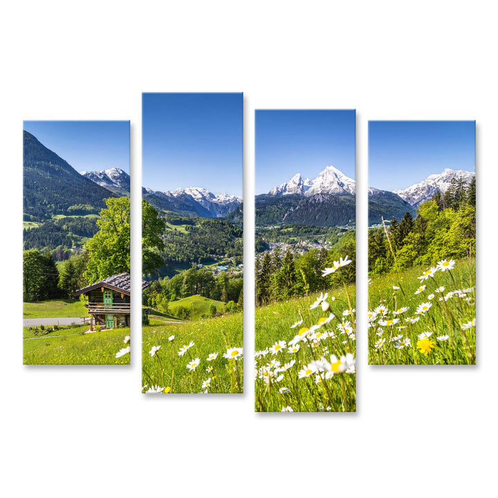 islandburner Bild auf Leinwand Idyllische Sommerlandschaft Alpen Berghütte Schönes Bayerisches Dorf