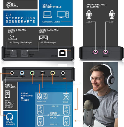 CSL - USB Externe Soundkarte, 7.1 Surround Sound, USB Audio Stereo Adapter, External Sound Card, für