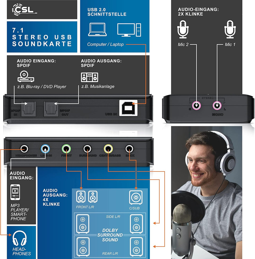 CSL - USB 7.1 Soundkarte extern - 7.1 Surround Sound – Stereo Audio Adapter - Lautstärkeregelung - A