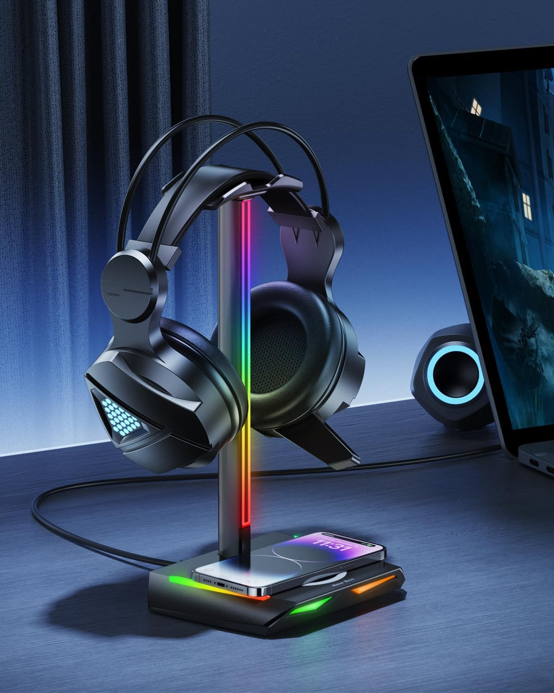 New Bee RGB Kopfhörer Ständer mit Wireless Ladegerät,Gaming-Headset-ständer Headset Halterung Wirele