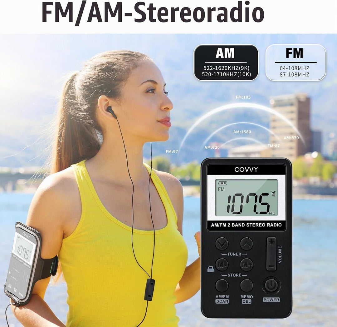 AM/FM Tragbares Radio,Covvy Digitales Pocket Mini Radio mit 500mAh 3.7V Wiederaufladbarer Akku und K