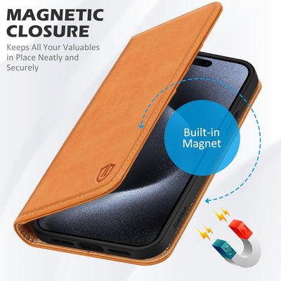 SHIELDON Hülle für iPhone 15 Pro, Handyhülle 5G Schutzhülle [Rindsleder] [Kartenfach] [Magnet] [Stan