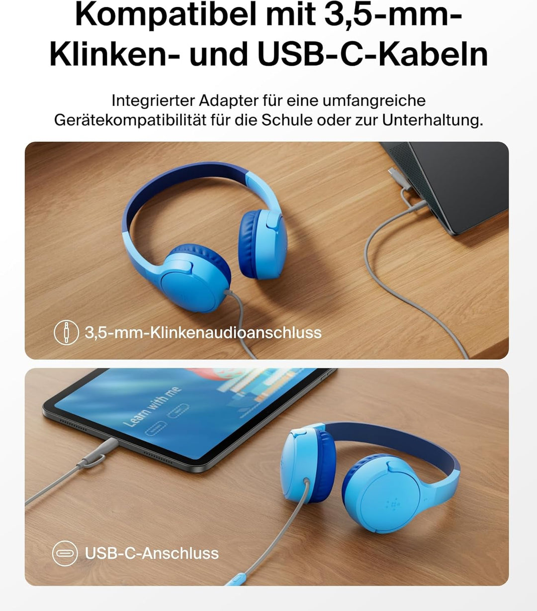 Belkin SoundForm Kopfhörer Kinder mit Kabel, USB-C auf 3,5-mm-Klinken Dongle, integriertes Mikrofon,