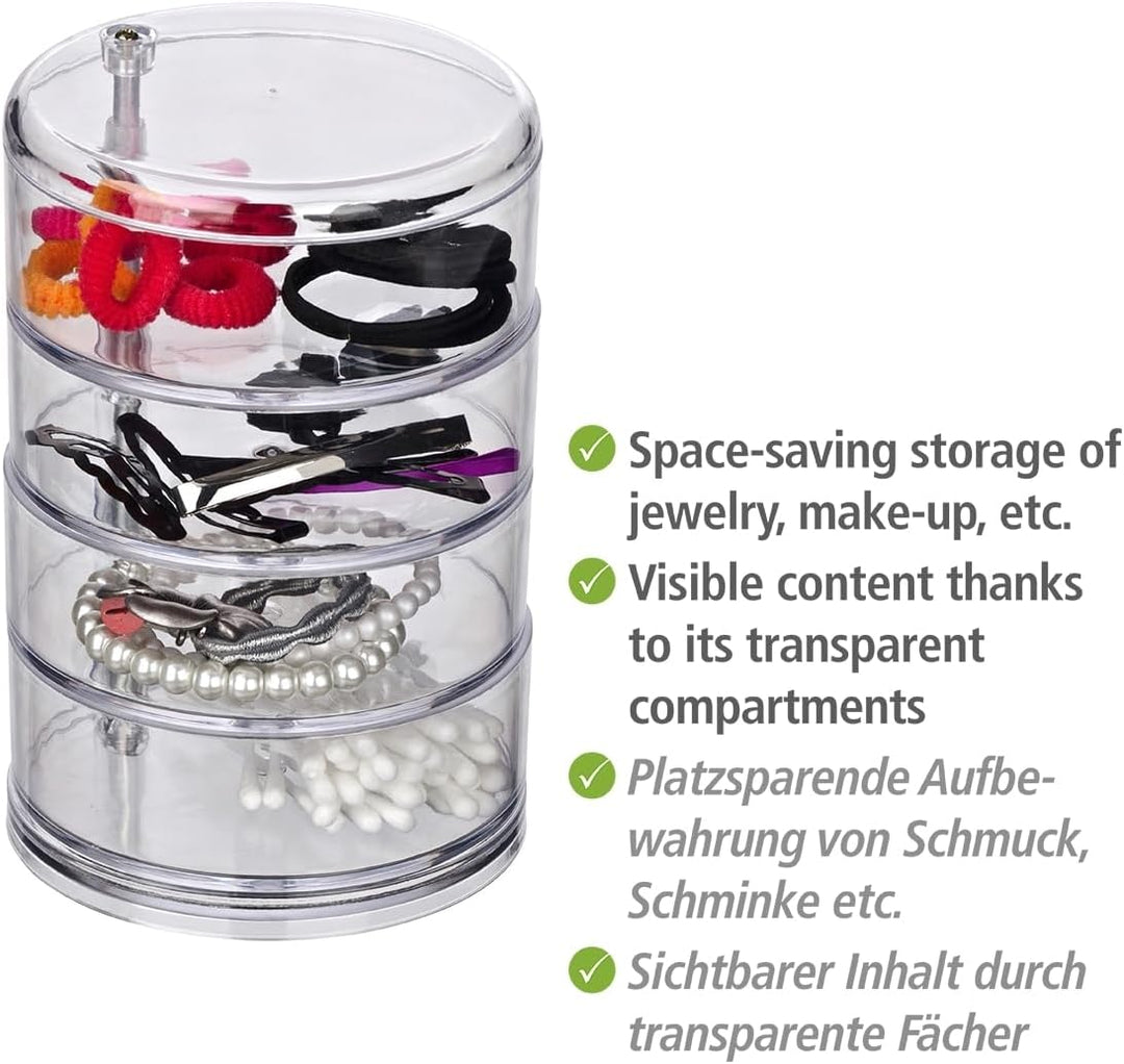 WENKO Kosmetik Organizer Tower, Aufbewahrung für Make-up und Haarschmuck, 4 Fächer, Acryl, Transpare