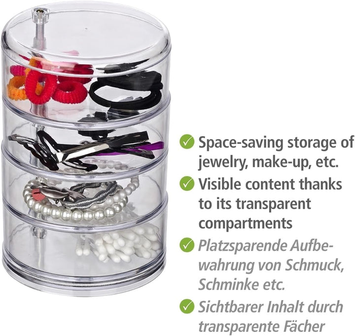 WENKO Kosmetik Organizer Tower, Aufbewahrung für Make-up und Haarschmuck, 4 Fächer, Acryl, Transpare