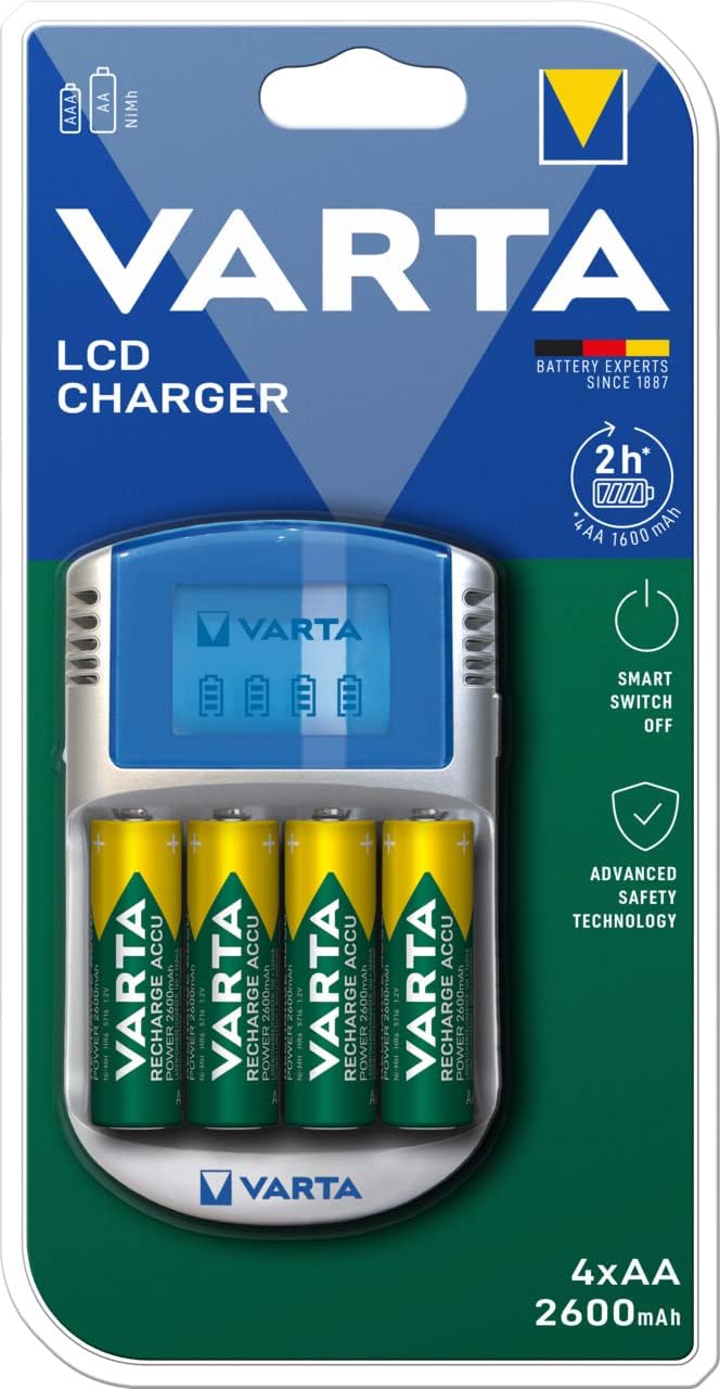 VARTA Akku Ladegerät, inkl. 4X AA 2600mAh, Batterieladegerät für wiederaufladbare AA/AAA, LCD Charge