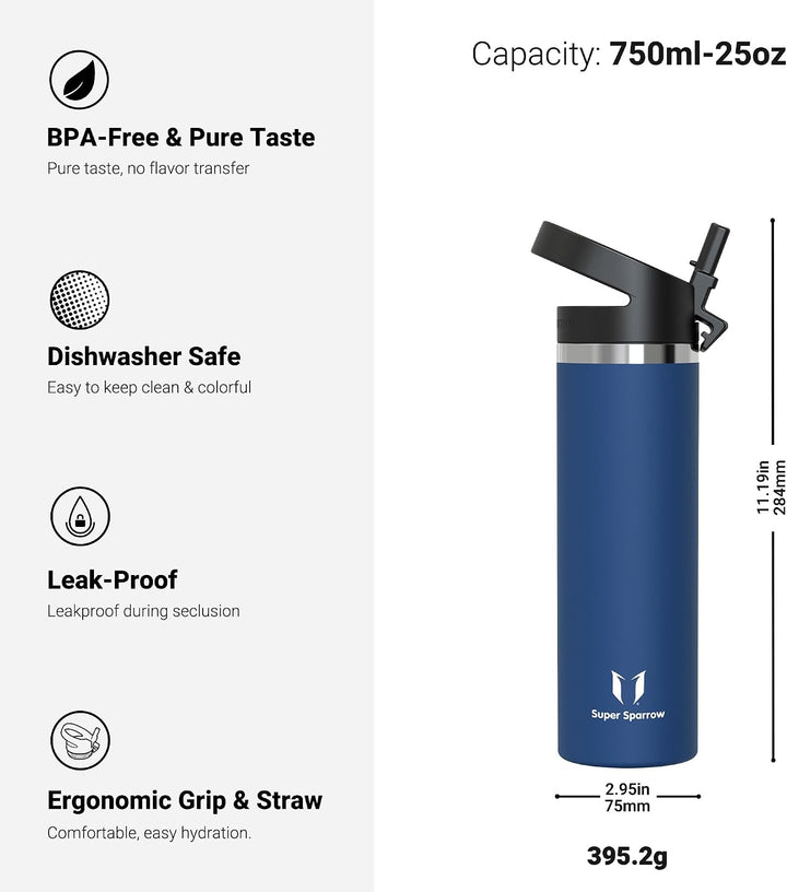 Sparrow Trinkflasche Edelstahl 750ml Thermosflasche mit Strohhalm Deckel | Isolierbecher Thermosflas