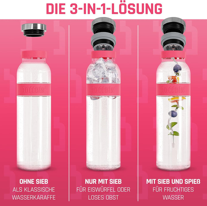boddels Glaskaraffe mit Deckel und Sieb 1.100ml, Rutschfester Griff, Glaskaraffe mit Fruchteinsatz,