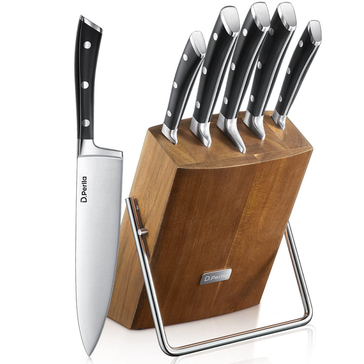 D.Perlla Messerblock Set, 6 teilig Messerset mit Holzblock, Kochmesser Set mit Scharfe Klingen, Edel