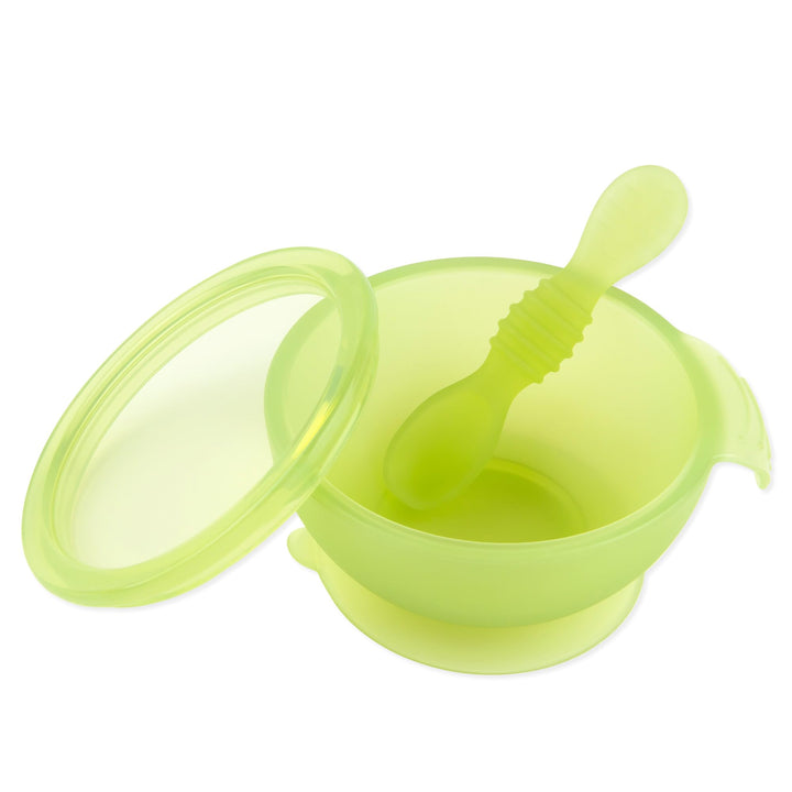 Bumkins - Erstes Baby Fütterungsset aus Silikon mit Saugnapf, Deckel und Löffel, Grün Jelly Green Je
