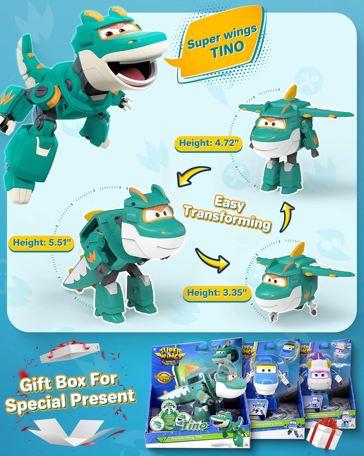Super Wings Tino Dinosaur 5“ Verwandlung Charakter – Einfache Verwandlung – Geschenkspielzeug für Vo
