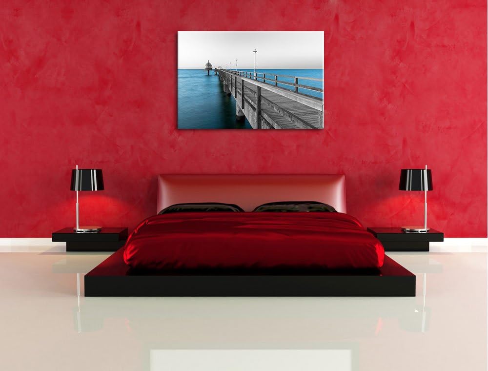 Langer Pier Steg ins Meer schwarz/weiss Format: 100x70 auf Leinwand, XXL riesige Bilder fertig gerah