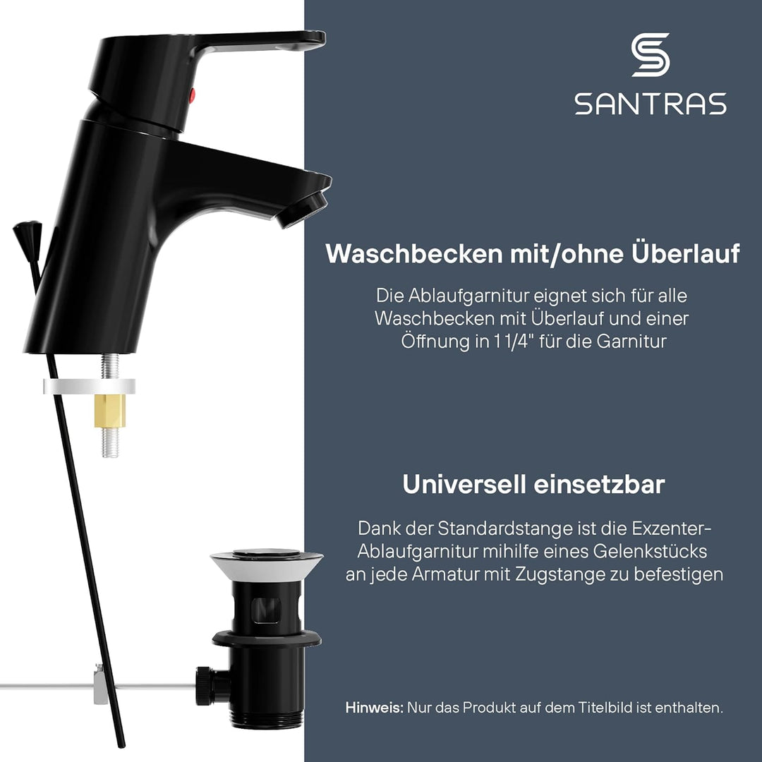 SANTRAS® Exzenter Ablaufgarnitur PREMIUM für Waschtisch mit Schutz vor Überlauf in Schwarz – Komplet