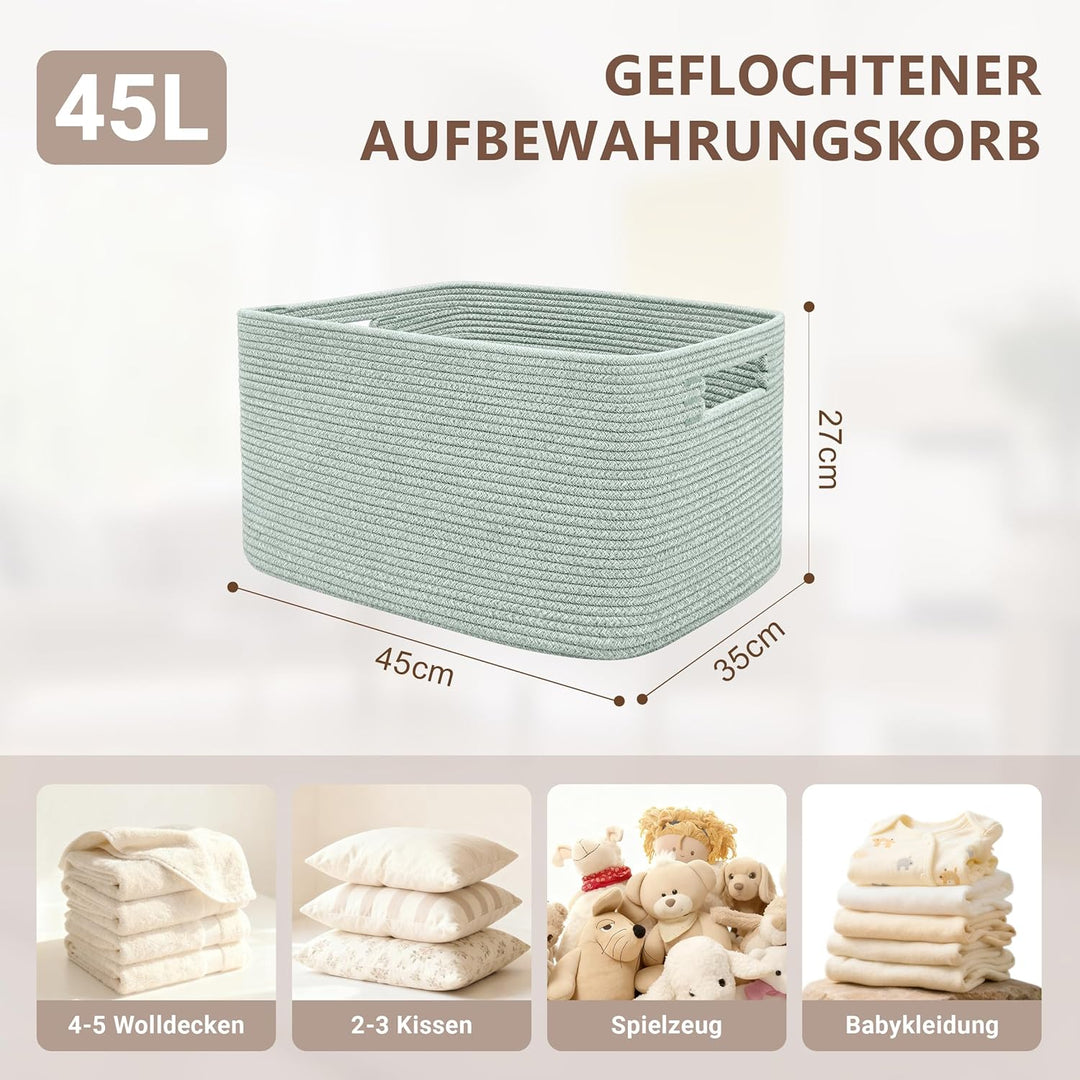 Grosser 60L Aufbewahrungskorb aus Baumwollseil, Boho Korb für Spielzeug Decken, Wäschekorb Geflochte