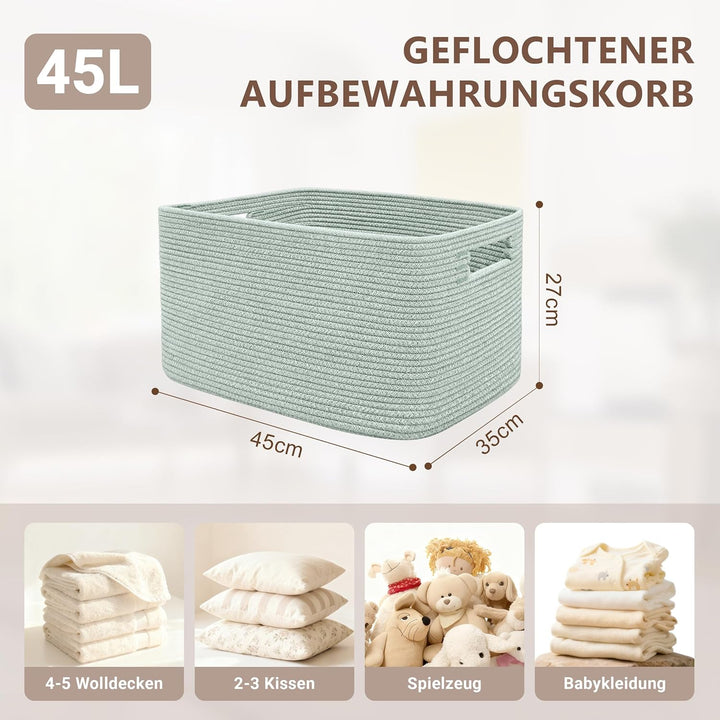 Grosser 60L Aufbewahrungskorb aus Baumwollseil, Boho Korb für Spielzeug Decken, Wäschekorb Geflochte