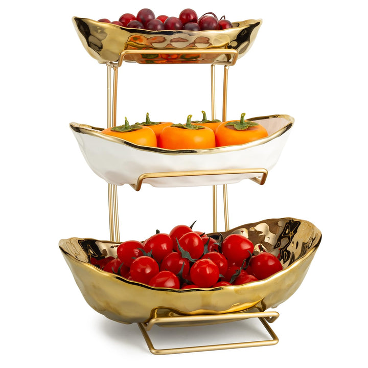 XUDREZ Obst Etagere mit 3 Etagen Obstschalen aus Keramik, Platzsparendes Obstkorb Etagere für die Fa