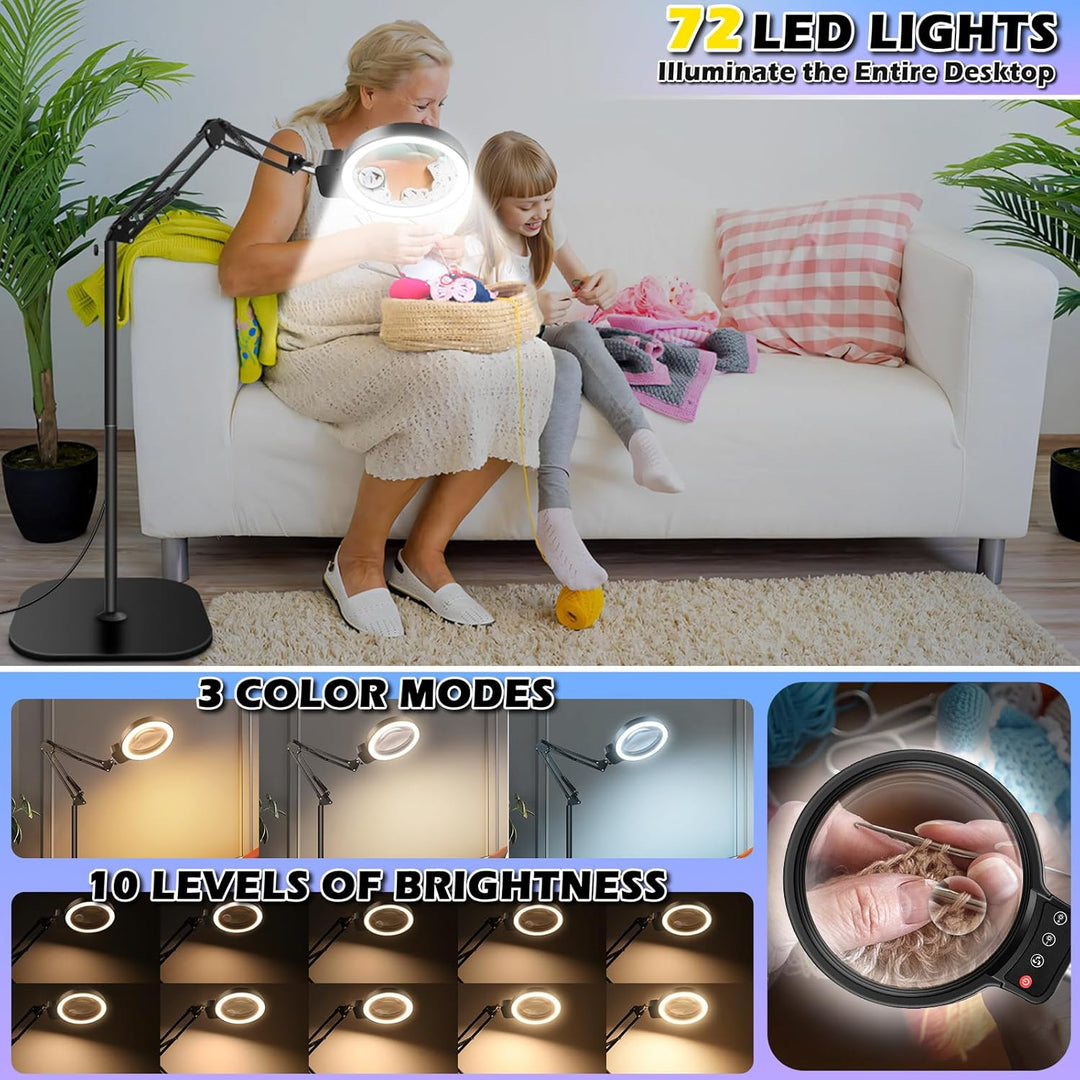 NZQXJXZ 10X Lupe mit Licht und Ständer, 2-in-1 Lupenlampe mit 72 Einstellbaren Helligkeits-LEDs, 3 F
