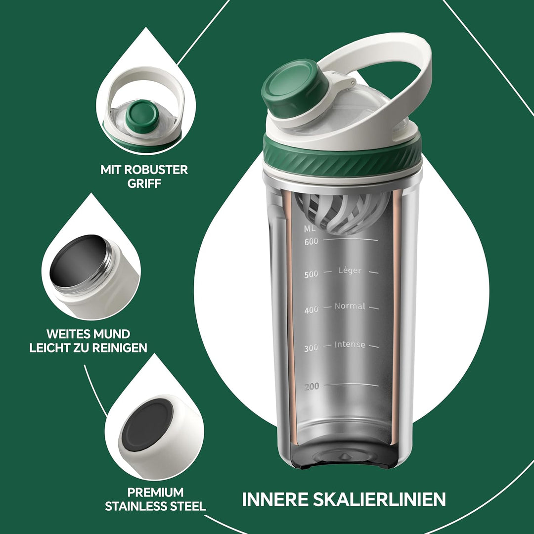 Ideus Shaker Protein Trinkflasche 700ml (24oz)，Doppelwandig Edelstahl Sportflasche mit Skalierlinien