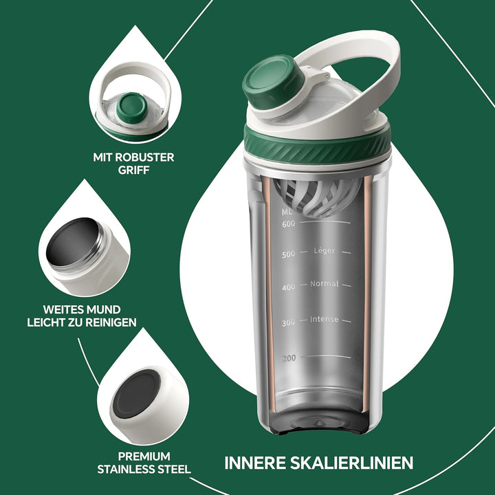 Ideus Shaker Protein Trinkflasche 700ml (24oz)，Doppelwandig Edelstahl Sportflasche mit Skalierlinien
