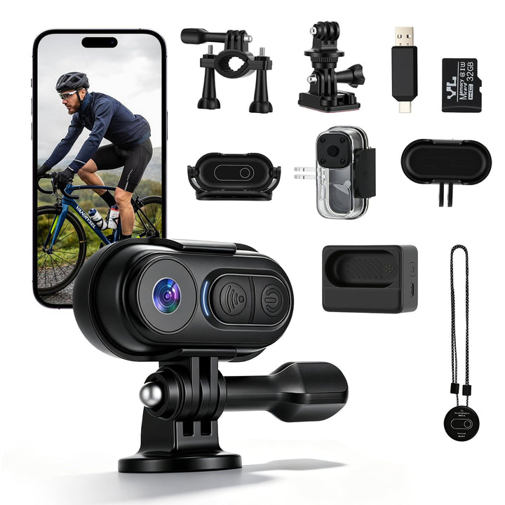Mini Action Cam 4K, 125° Weitwinkel Actionkamera, Wasserdicht 30M, Bodycam mit Magnet &amp; Fahrrad-/Hel