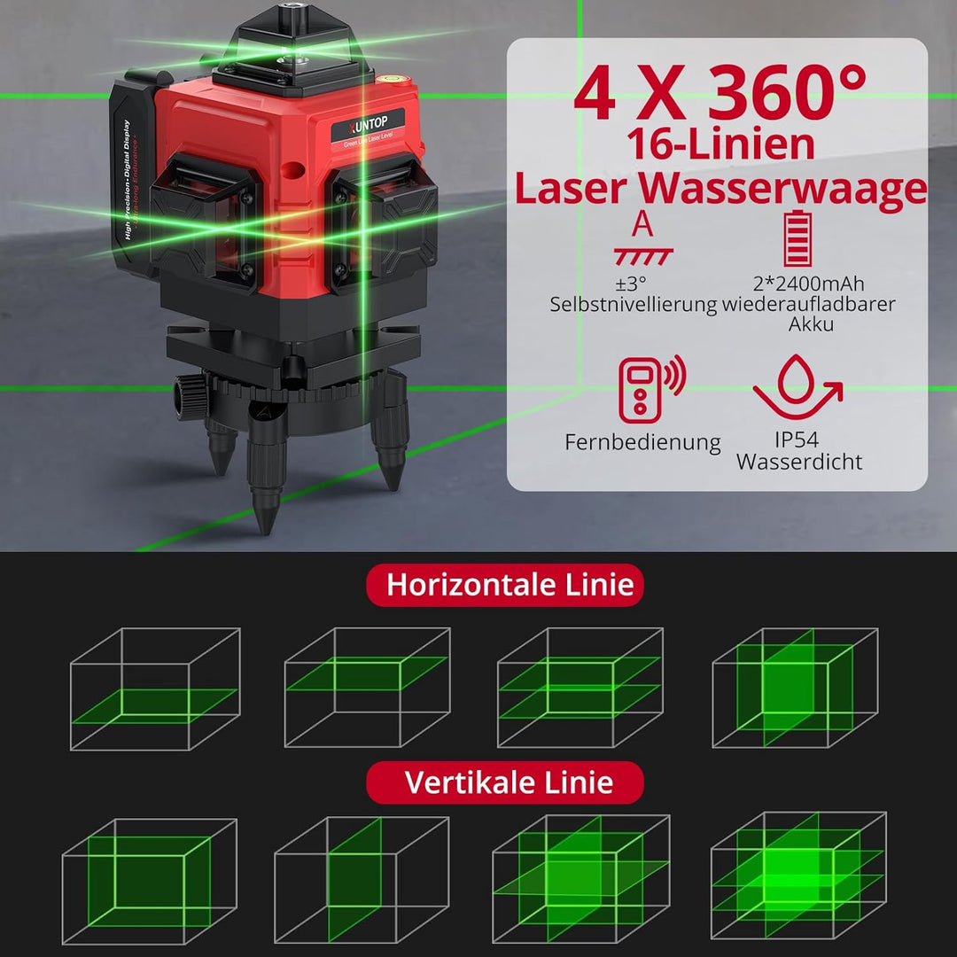 XUNTOP Laser Wasserwaage Selbstnivellierend Kreuzlinienlaser Grüner Selbstnivellierend 16 Linienlase