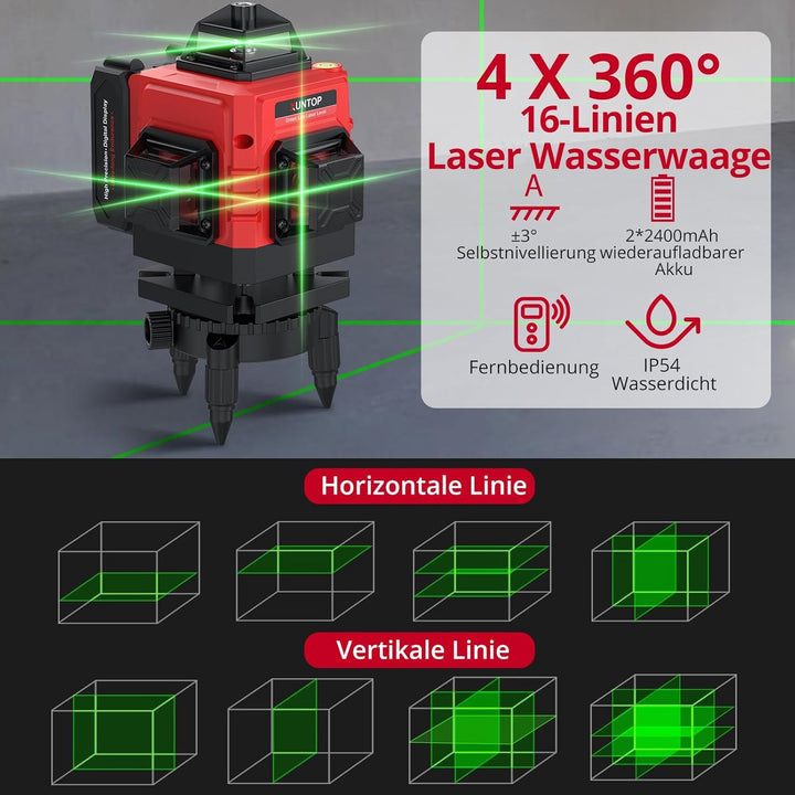XUNTOP Laser Wasserwaage Selbstnivellierend Kreuzlinienlaser Grüner Selbstnivellierend 16 Linienlase