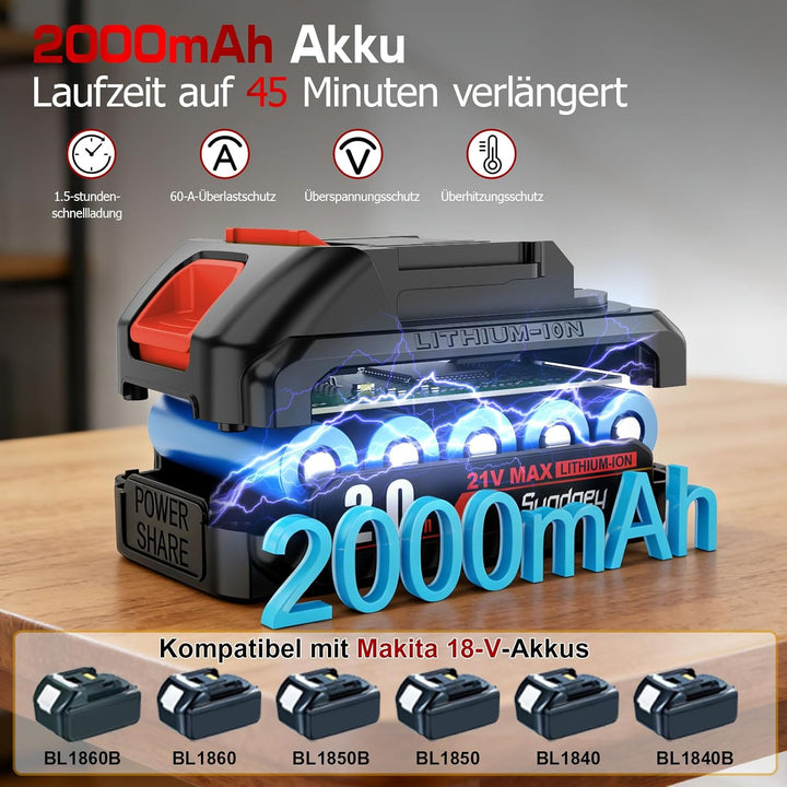 Akkuschrauber mit 2000mAh Akku - 21V 45Nm Max Akku Bohrschrauber, Kompatibel mit Makita Akku, Akkubo