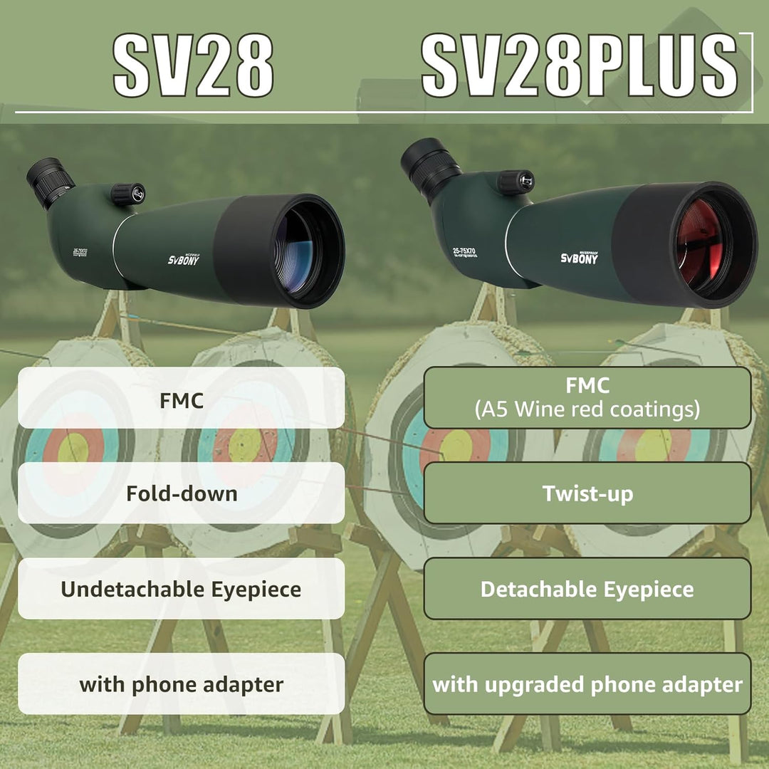 Svbony SV28PLUS Spektiv für Zielschiessen, 25-75×70mm BAK4 A5 Weinrotes FMC Objektiv, Spektive mit T