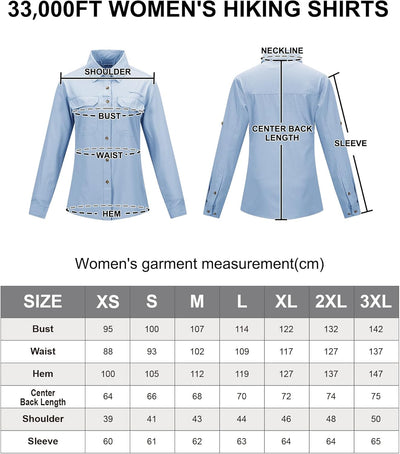33,000ft Hemd Damen UPF50+ UV Schutz Outdoorhemd Schnelltrocknend Freizeithemd Langarm Funktionshemd