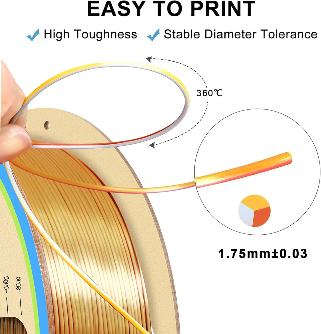 YOUSU Dreifarbiges PLA Filament,3D Drucker Filament 1,75mm(﹢/-0,03mm), Seiden Gold/Silber/Kupfer Dre