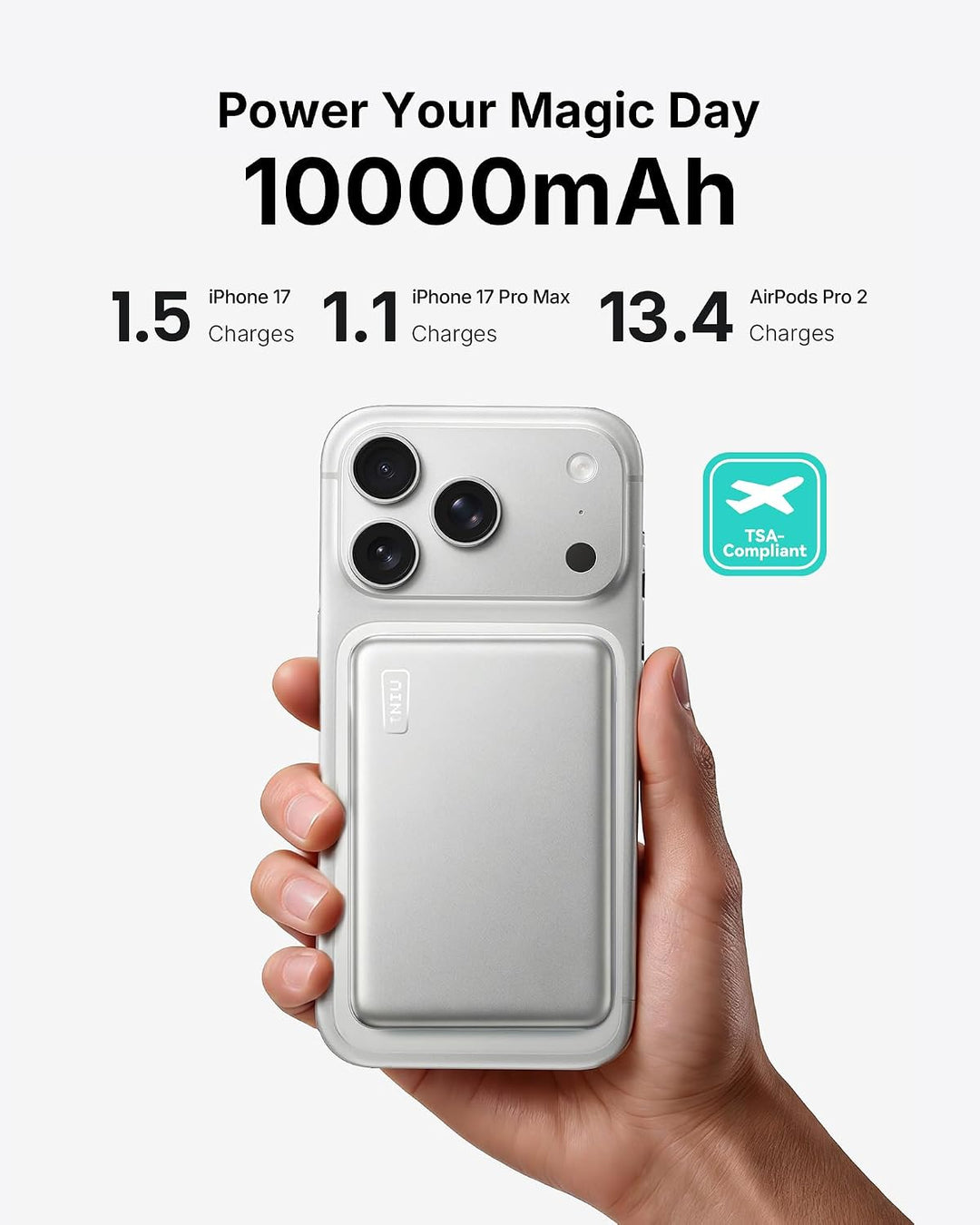 INIU for MagSafe Power Bank, 10000mAh Qi2 25W Kabelloses &amp; 45W USB C Charge Weiss, Weiss