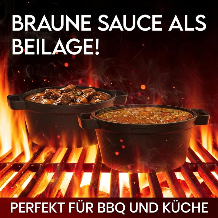 Dutch Oven Set 9-teilig – bereits eingebranntes Gusseisen Topf Set – Bratpfanne, Grilltopf, Deckelhe