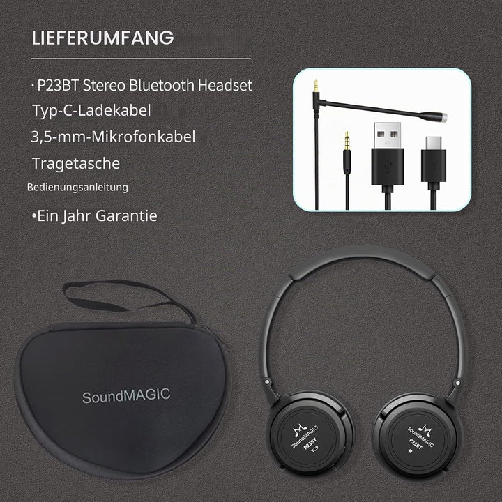 SoundMAGIC P23BT Handy On-Ear Bluetooth Headphones, CVC Noise Cancelling Microphone HiFi Sound Stabl