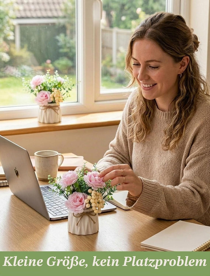 BLOSMON Kunstblumen im Topf Deko: 2 Stück Mini Rosa Künstliche Rosen Künstlich Blumen mit Vase für T