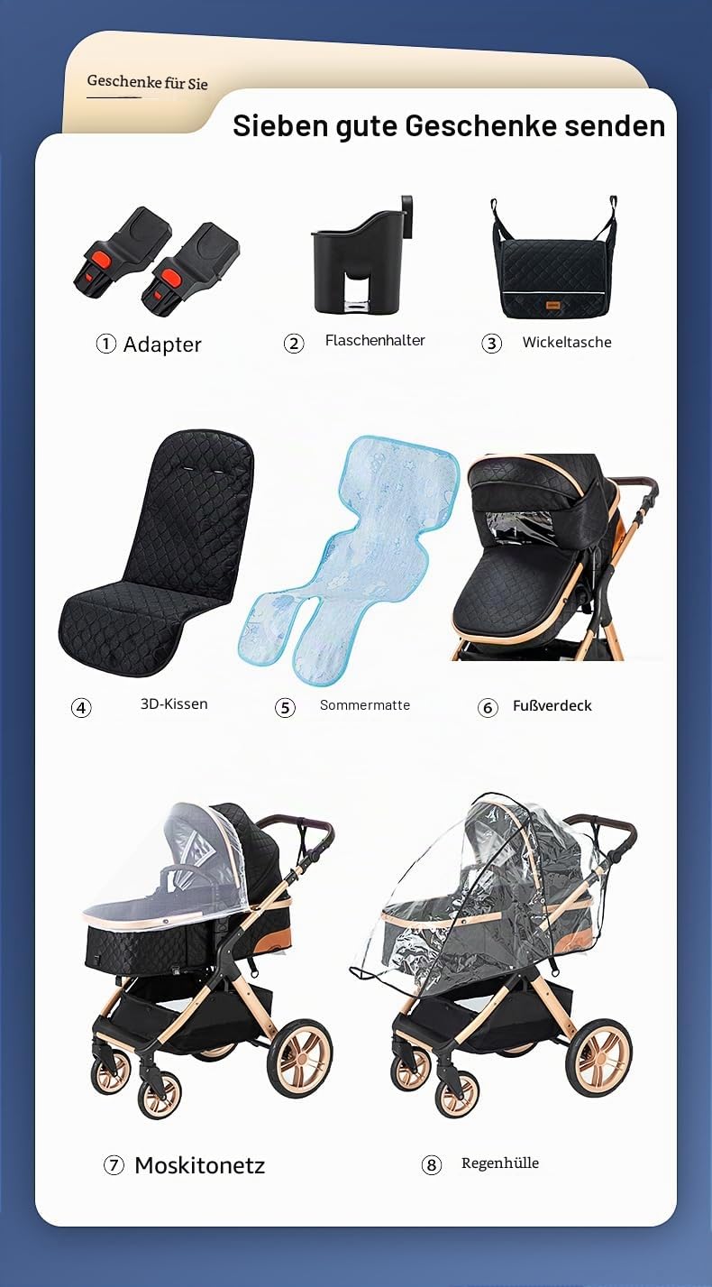 YAZOCO kinderwagen 3 in 1 Buggy Babybett Komplett Set Einem Klick Zusammenklappbarer Kinderwagen, Ko