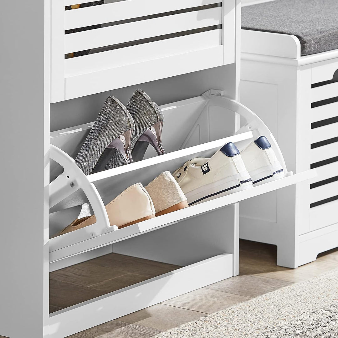 SoBuy Schuhschrank Hoch Weiss, Schuhkipper mit 3 Klappen und 6 Ablageflächen, Schuhkommode für Flur