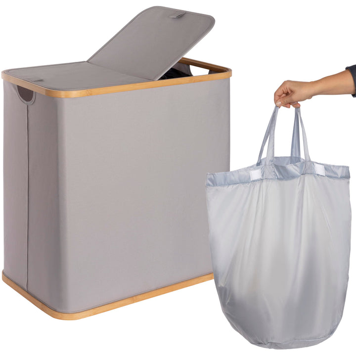 ONVAYA® Wäschekorb mit Deckel | 2 Fächer 100L | Grau | Wäschesammler fürs Badezimmer | Wäschetruhe a