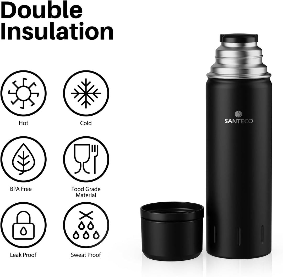 SANTECO Thermosflasche Edelstahl - 500ml, 1l - Thermoskanne mit Trinkbecher für unterwegs, Thermobec