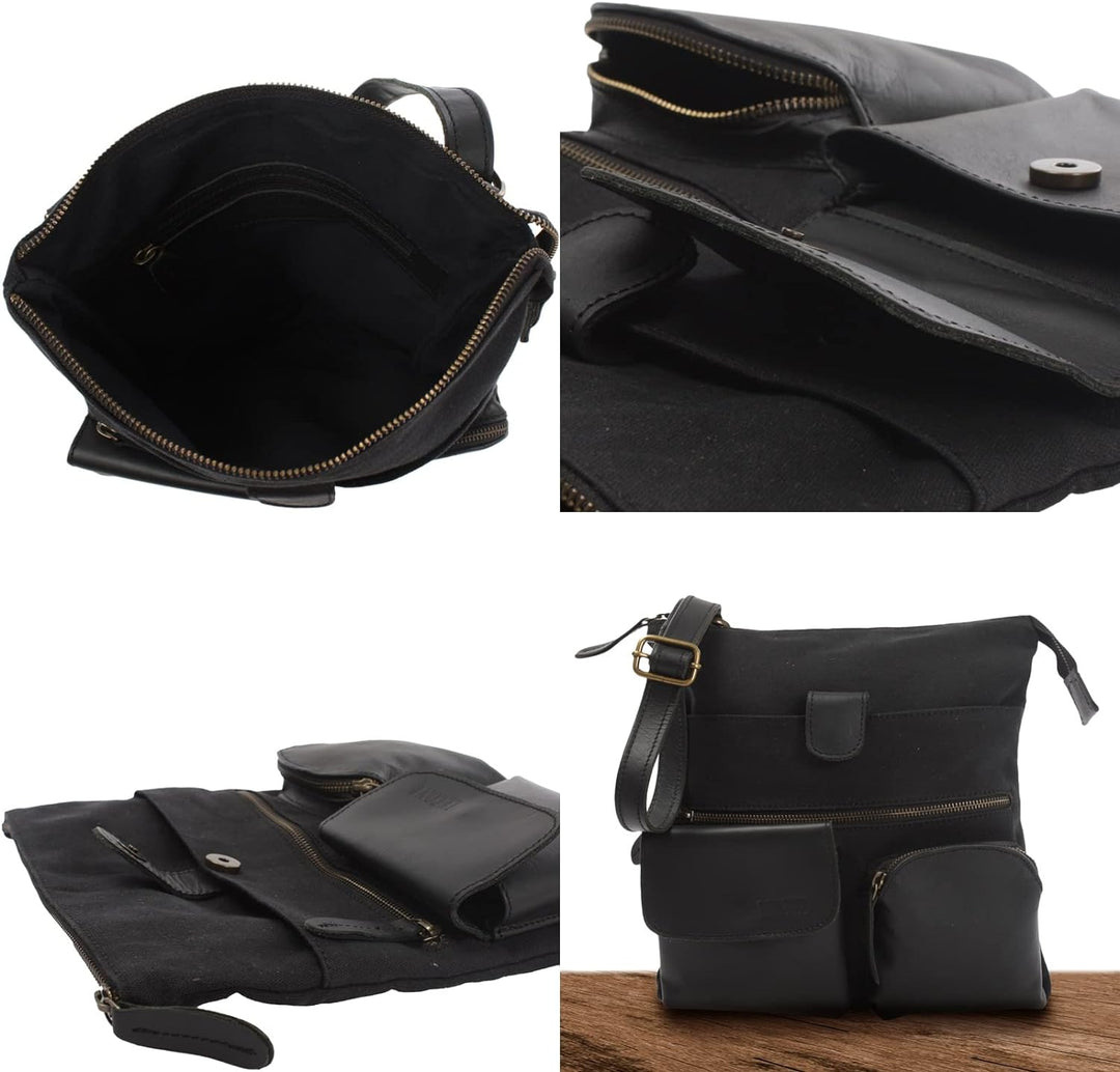 LECONI Umhängetasche Canvas &amp; Leder kleine Schultertasche Handtasche Damen + Herren Vintage Retro St