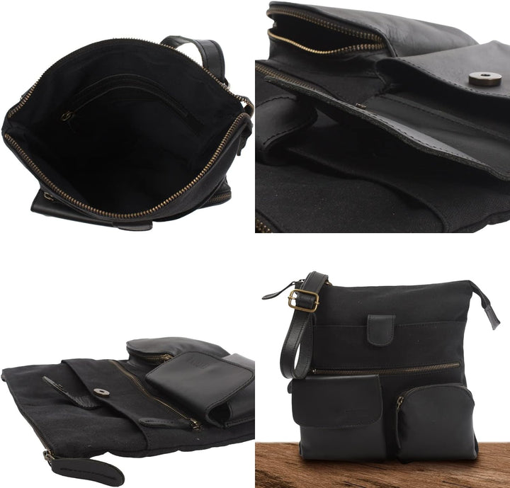 LECONI Umhängetasche Canvas &amp; Leder kleine Schultertasche Handtasche Damen + Herren Vintage Retro St